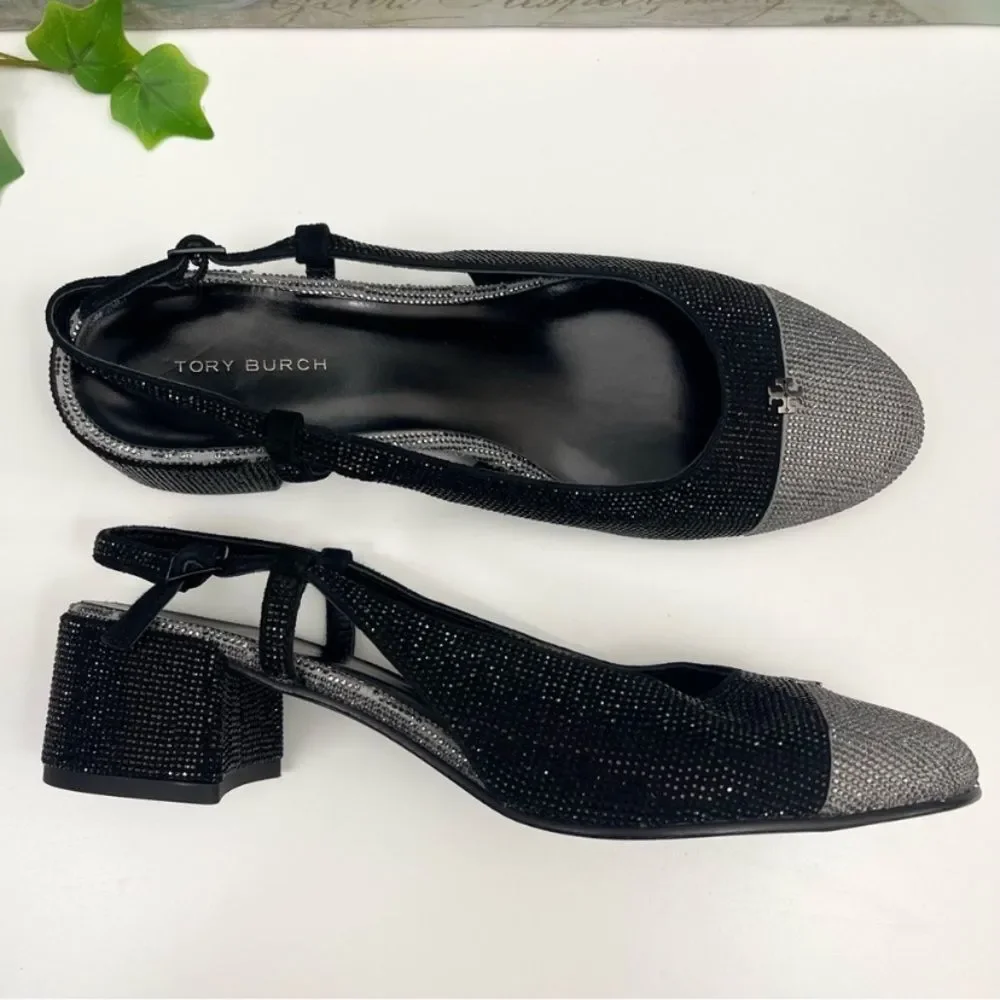 Tory Burch Cap Toe Pave Slingback Heels in Black Silver Size 7